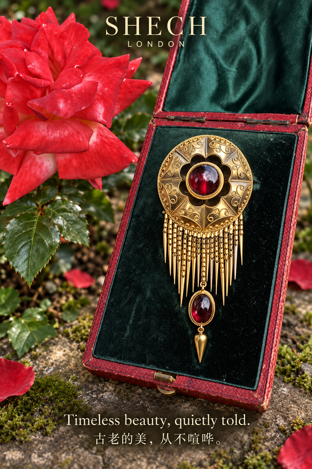 Mid-Victorian 15ct Gold Natural Garnet Tassel Locket Brooch, Circa 1870, Original Antique Box