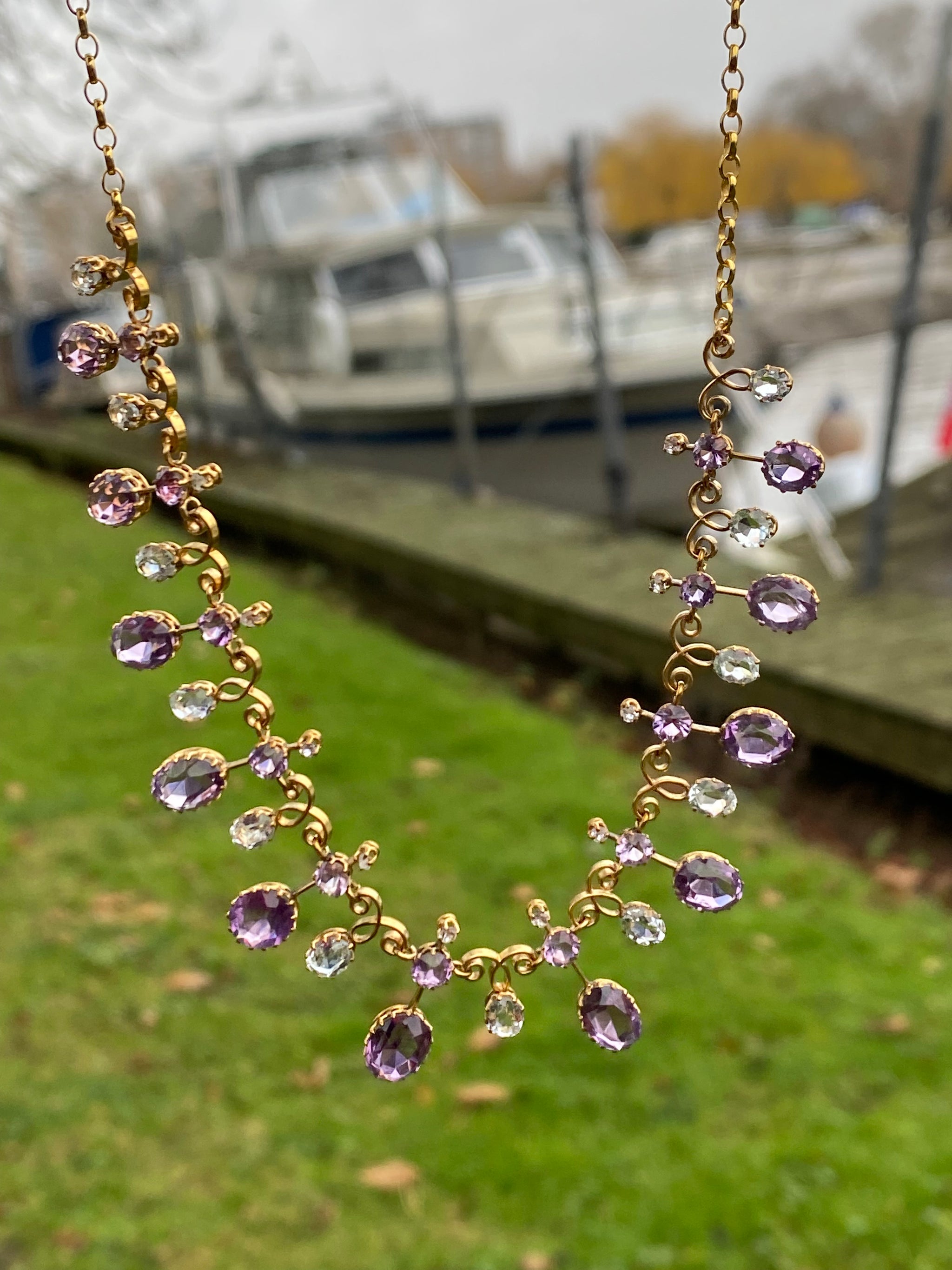 c.1890s Harlequin Necklace Antique Amethyst & Aquamarine 18K Gold French Eagle Head Hallmark