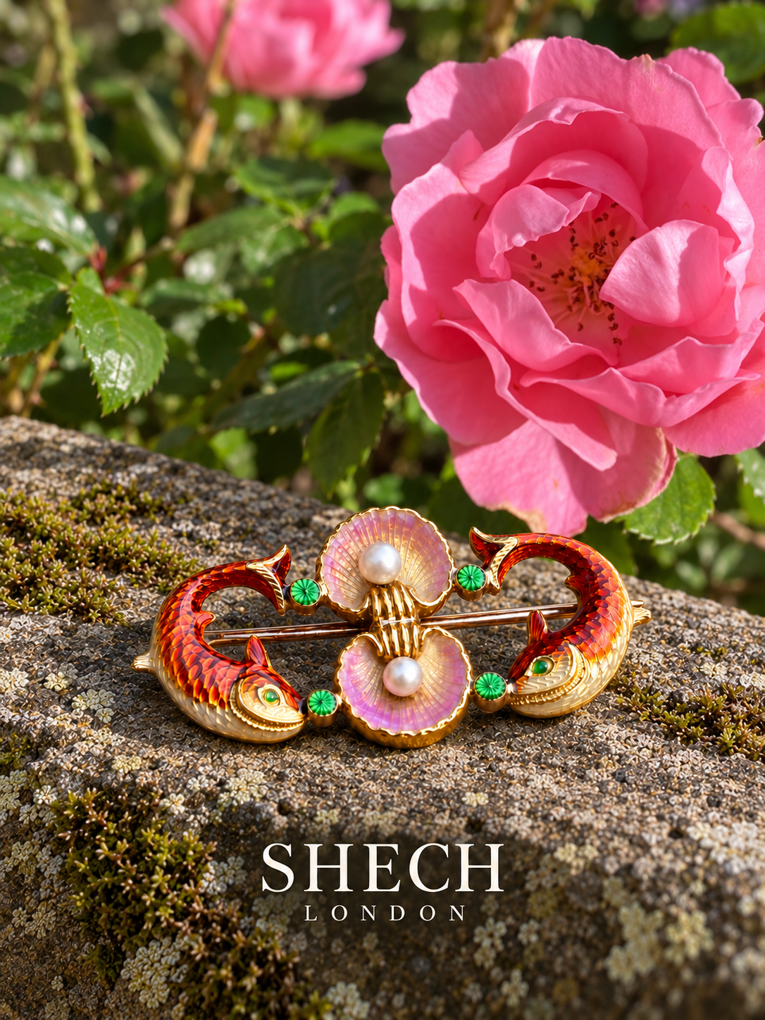 Victorian 18ct Gold Enamel Double Fish & Natural Pearl Brooch, c.1895 | Art Nouveau Antique Jewellery
