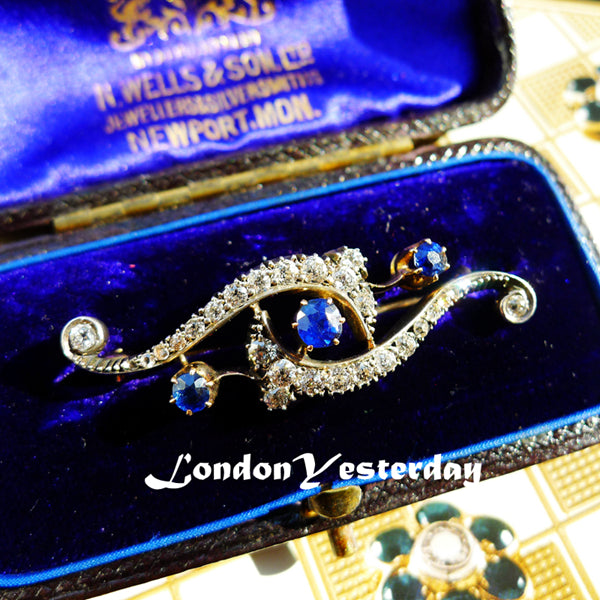 VICTORIAN 18CT GOLD AND SILVER NATURAL SAPPHIRE AND DIAMOND BROOCH