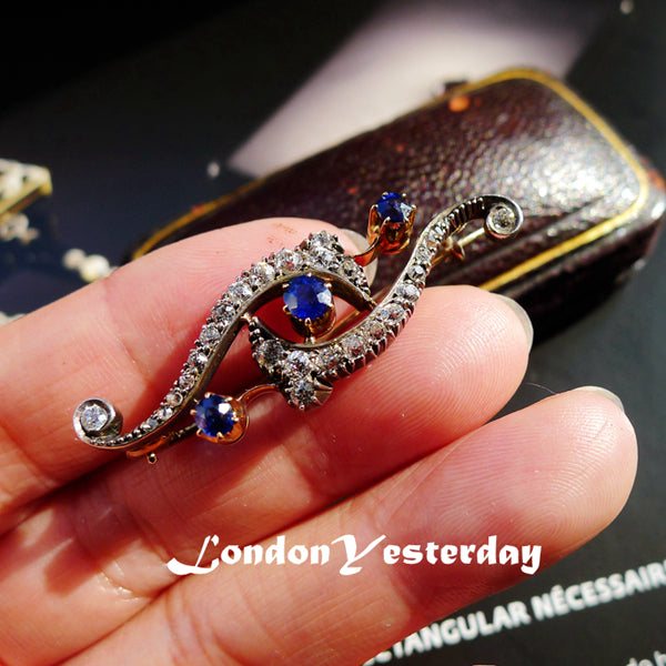 VICTORIAN 18CT GOLD AND SILVER NATURAL SAPPHIRE AND DIAMOND BROOCH
