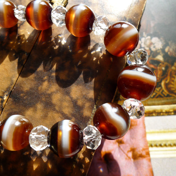 VICTORIAN BROWN BANDED AGATE AND ROCK CRYSTAL BEAD NECKLACE