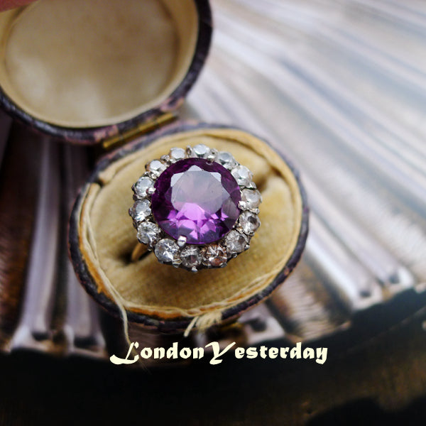 VICTORIAN 9CT GOLD AND SILVER AMETHYST COLOUR PASTE RING