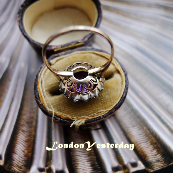 VICTORIAN 9CT GOLD AND SILVER AMETHYST COLOUR PASTE RING