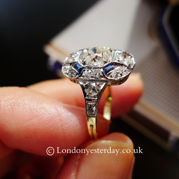 ART DECO 18CT GOLD AND PLATINUM NATURAL SAPPHIRE DIAMOND CLASSIC RING