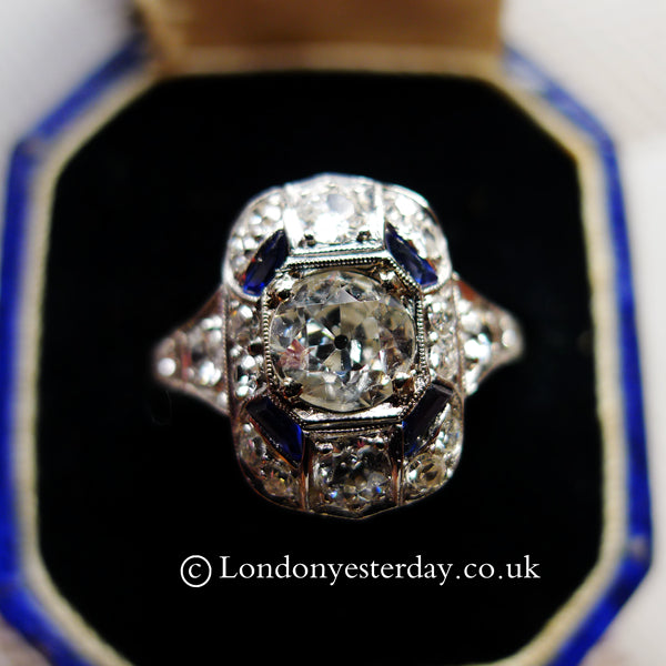 ART DECO 18CT GOLD AND PLATINUM NATURAL SAPPHIRE DIAMOND CLASSIC RING