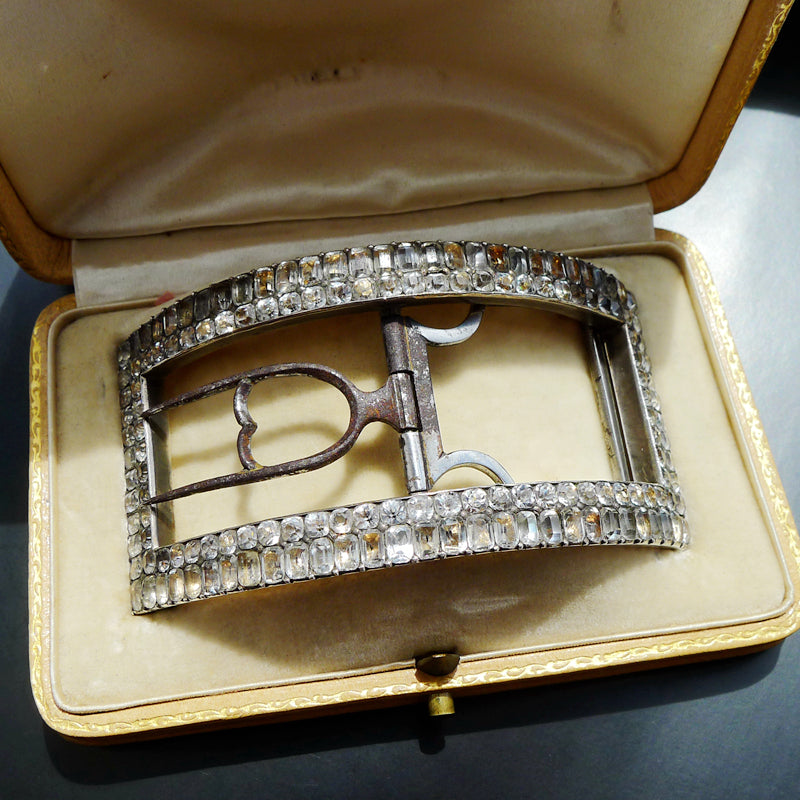 GEORGIAN FRENCH SILVER MARKED PASTE BIG BELT WITH ORIGINAL BOX