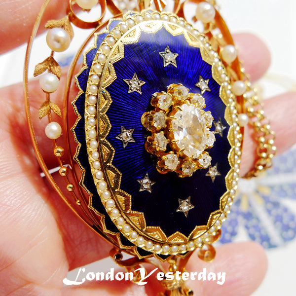 VICTORIAN 18CT GOLD NATURAL PEARL DIAMOND GUILLOCHE BLUE ENAMEL BROOCH PENDANT
