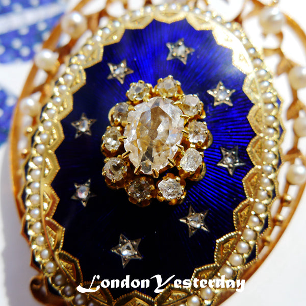 VICTORIAN 18CT GOLD NATURAL PEARL DIAMOND GUILLOCHE BLUE ENAMEL BROOCH PENDANT