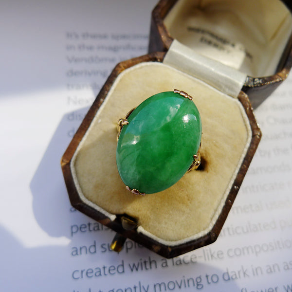 ART DECO 18CT GOLD LYN MAKER NATURAL JADEITE JADE RING WITH CERTIFICATE