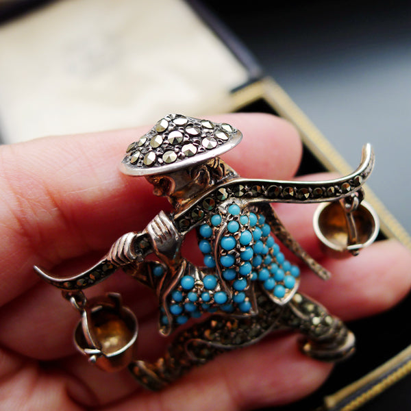 ART DECO SILVER NATURAL TURQUOISE MARCASITE BROOCH