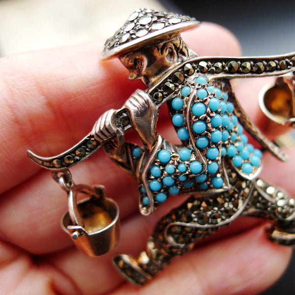 ART DECO SILVER NATURAL TURQUOISE MARCASITE BROOCH