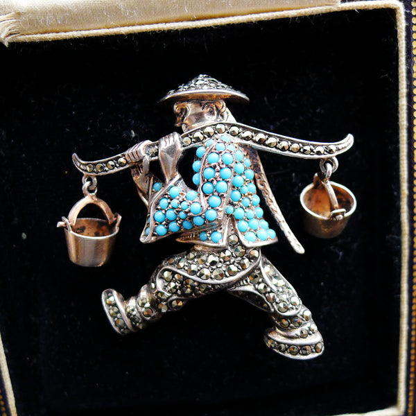 ART DECO SILVER NATURAL TURQUOISE MARCASITE BROOCH