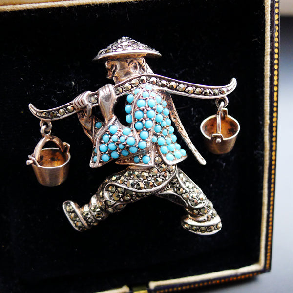 ART DECO SILVER NATURAL TURQUOISE MARCASITE BROOCH