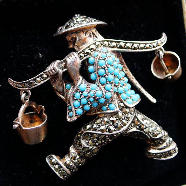 ART DECO SILVER NATURAL TURQUOISE MARCASITE BROOCH