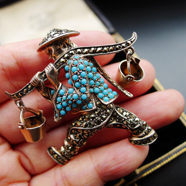 ART DECO SILVER NATURAL TURQUOISE MARCASITE BROOCH