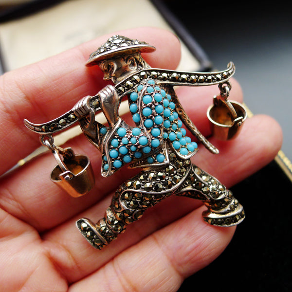 ART DECO SILVER NATURAL TURQUOISE MARCASITE BROOCH