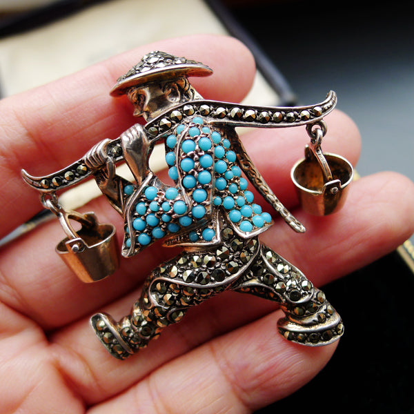 ART DECO SILVER NATURAL TURQUOISE MARCASITE BROOCH