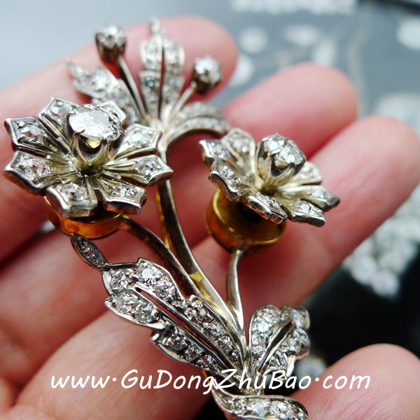 VICTORIAN 18CT GOLD AND SILVER DIAMOND TREMBLANT FLOWER BROOCH