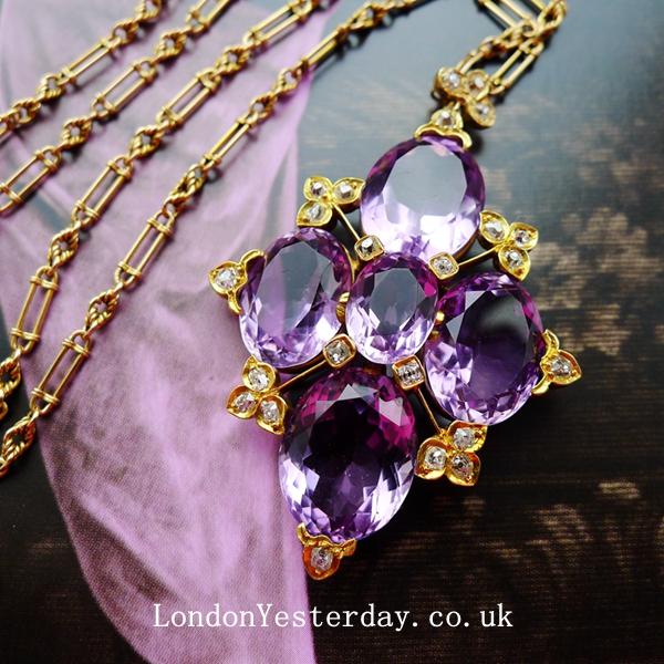 【古董珠宝】英国18k金爱德华时期天然紫水晶钻石古董吊坠