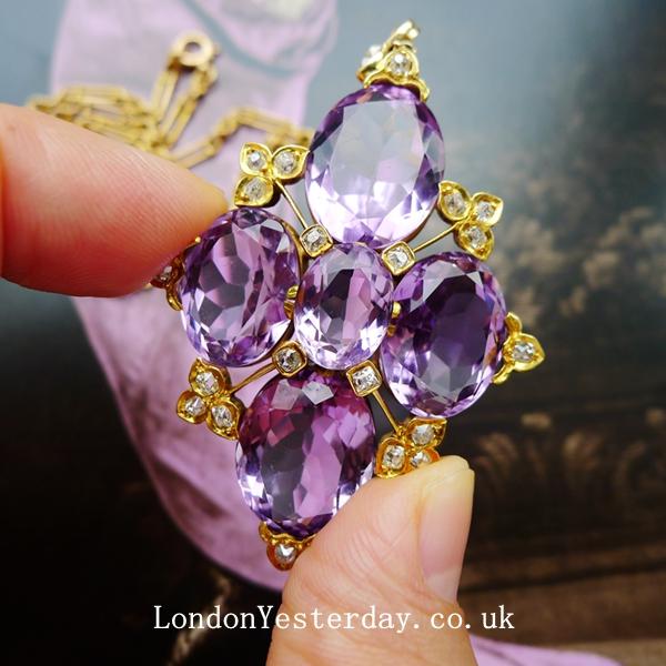 【古董珠宝】英国18k金爱德华时期天然紫水晶钻石古董吊坠