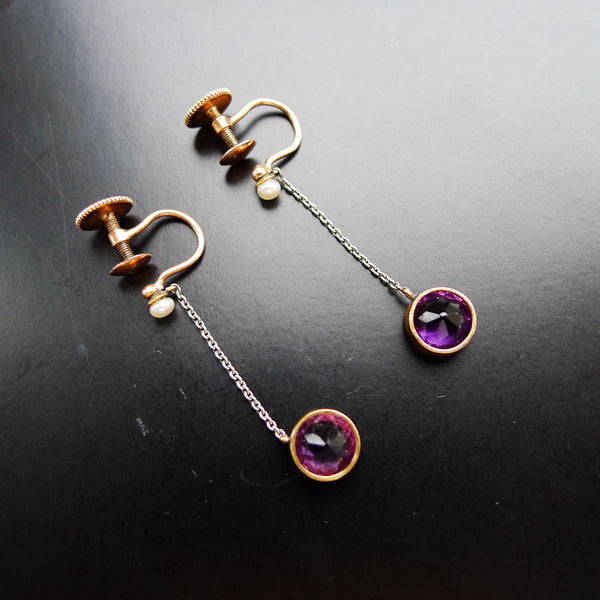 EDWARDIAN 9CT TWO COLOUR GOLD NATURAL AMETHYST PEARL EARRINGS