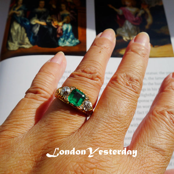 VICTORIAN NATURAL COLOMBIA EMERALD WITH CERTIFICATE NO ENHANCEMENT THREE STONE RING