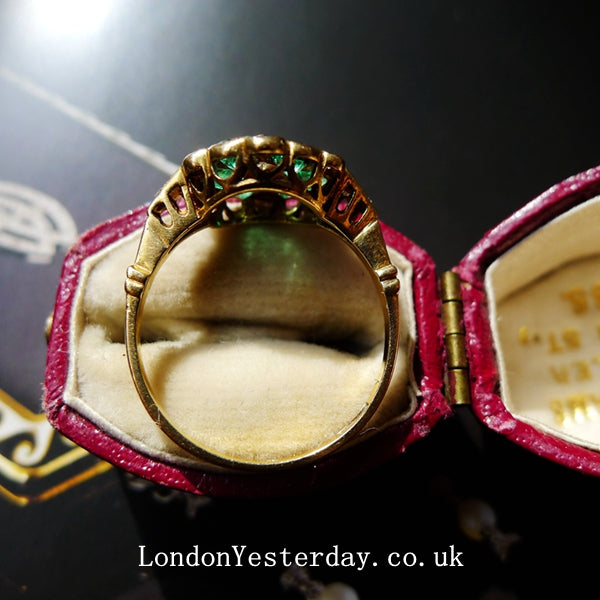 EDWARDIAN 15CT GOLD BRITISH ORIGIN EMERALD AND DIAMOND RING