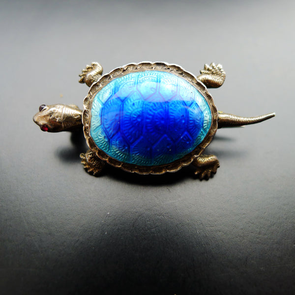 ART NOUVEAU FRENCH SILVER DEPOSE 900 MARKED BEAUTIFUL ENAMEL TURTOISE BROOCH