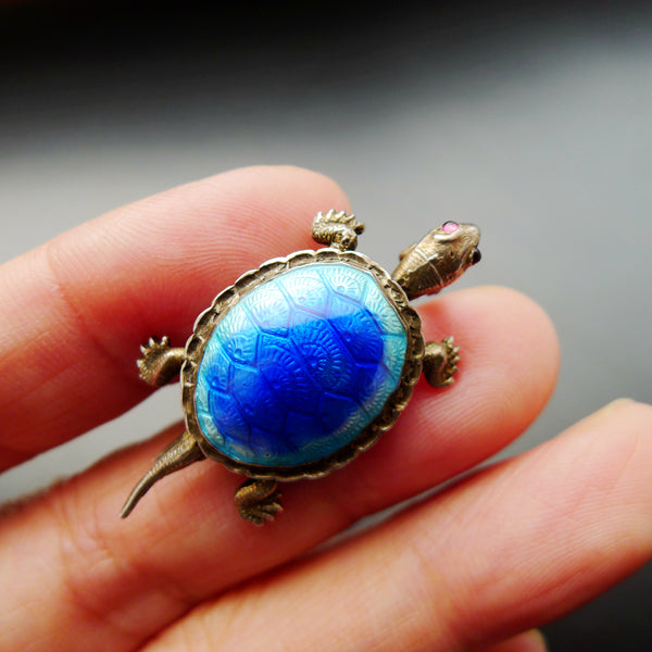 ART NOUVEAU FRENCH SILVER DEPOSE 900 MARKED BEAUTIFUL ENAMEL TURTOISE BROOCH