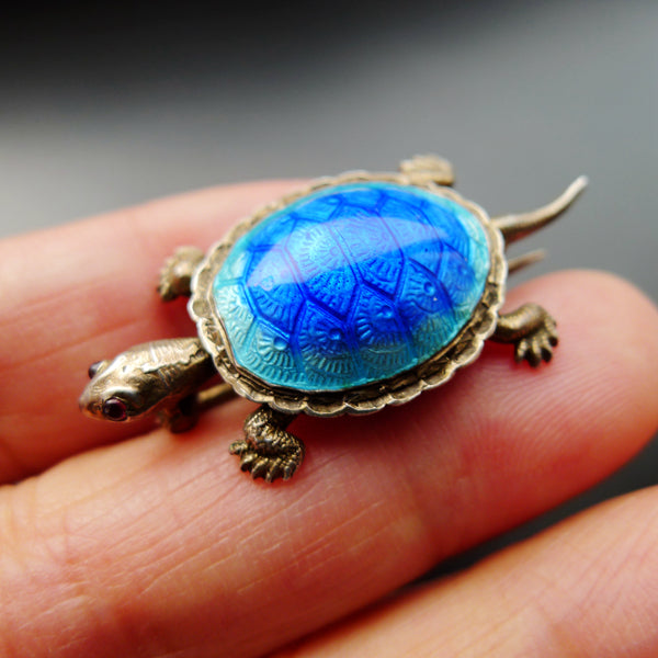 ART NOUVEAU FRENCH SILVER DEPOSE 900 MARKED BEAUTIFUL ENAMEL TURTOISE BROOCH
