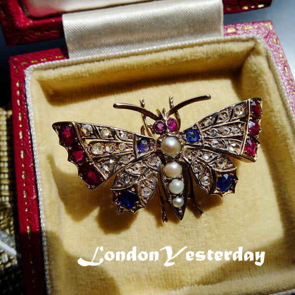 VICTORIAN 18CT YELLOW GOLD NATURAL RUBY SAPPHIRE DIAMOND PEARL BUTTERFLY BROOCH