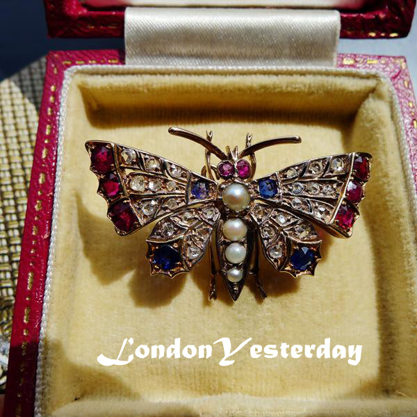 VICTORIAN 18CT YELLOW GOLD NATURAL RUBY SAPPHIRE DIAMOND PEARL BUTTERFLY BROOCH