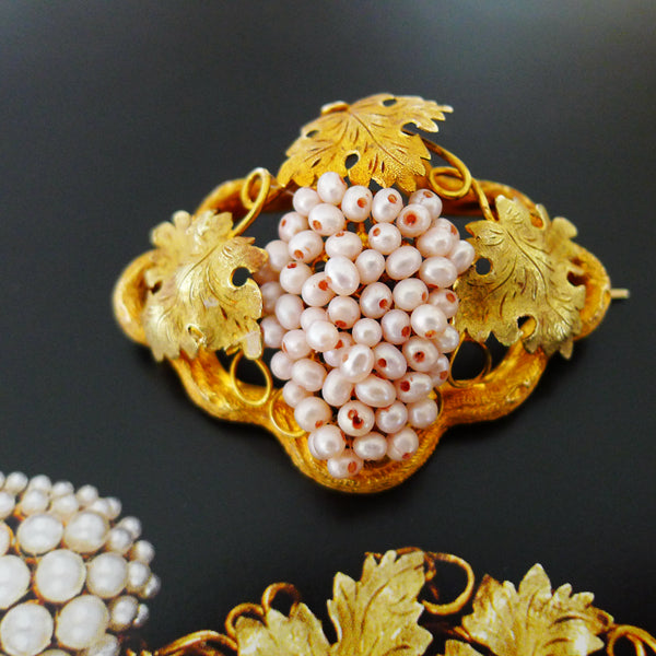 VICTORIAN 15CT TWO COLOUR GOLD NATURAL PEARL GRAPE VINE BROOCH