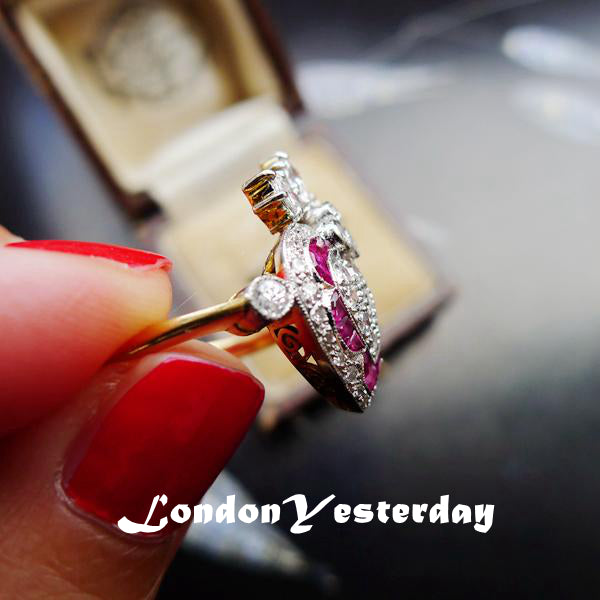 ART DECO 18CT GOLD AND PLATINUM NATURAL RUBY DIAMOND RING