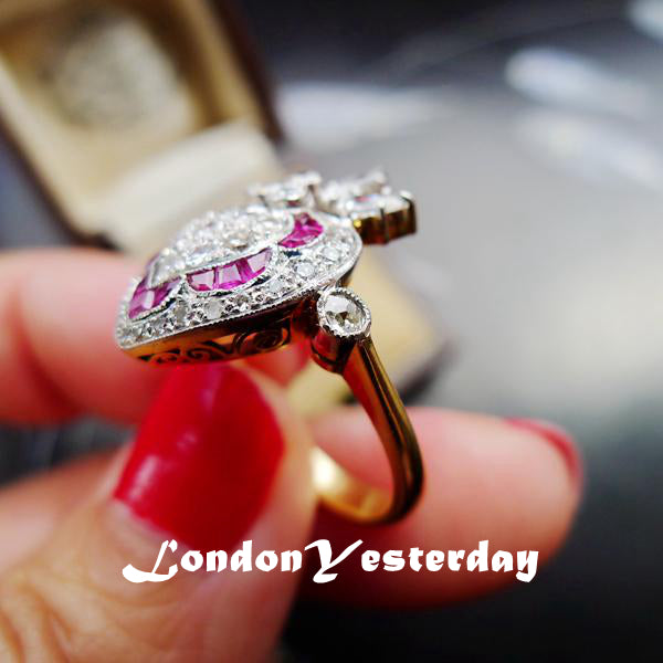 ART DECO 18CT GOLD AND PLATINUM NATURAL RUBY DIAMOND RING