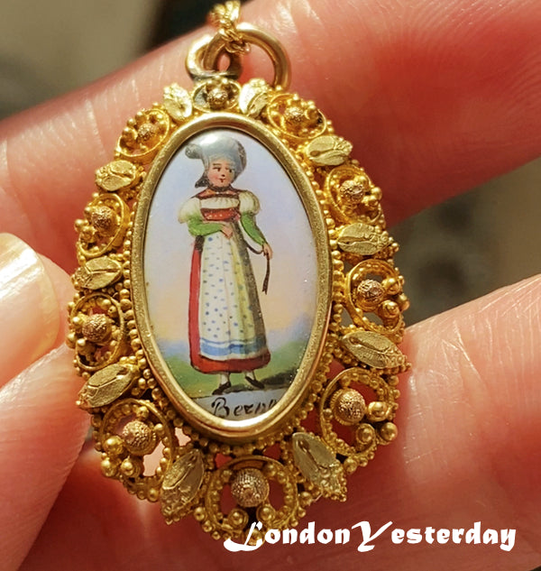 VICTORIAN 18CT TWO COLOUR GOLD HAND MADE SWISS ENAMEL LOVELY LADY PENDNAT
