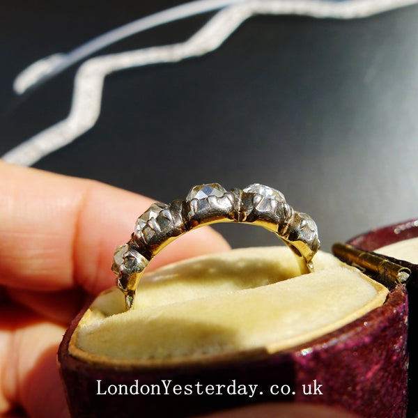 GEORGIAN 18CT GOLD AND SILVER OLD CUT DIAMOND FIVE STONE RING