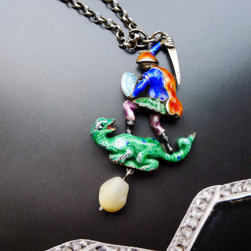 VICTORIAN SILVER AUSTRIAN HUNGARIAN ST GEORGE AND THE DRAGON DOUBLE SIDED ENAMEL PENDANT