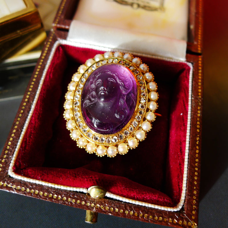 VICTORIAN 18CT GOLD DIAMOND PEARL NATURAL AMETHYST CAMEO AMAZING BROOCH