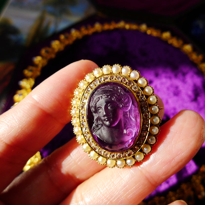 VICTORIAN 18CT GOLD DIAMOND PEARL NATURAL AMETHYST CAMEO AMAZING BROOCH