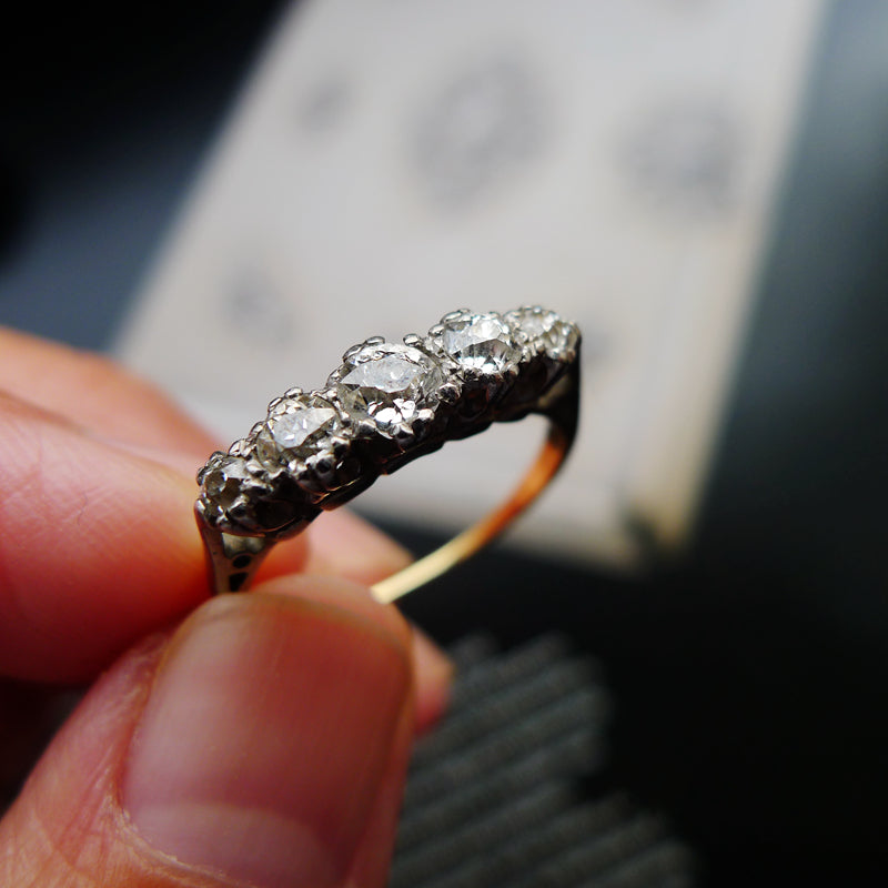 VICTORIAN 18CT GOLD AND SILVER FIVE STONE OLD CUT DIAMOND RING
