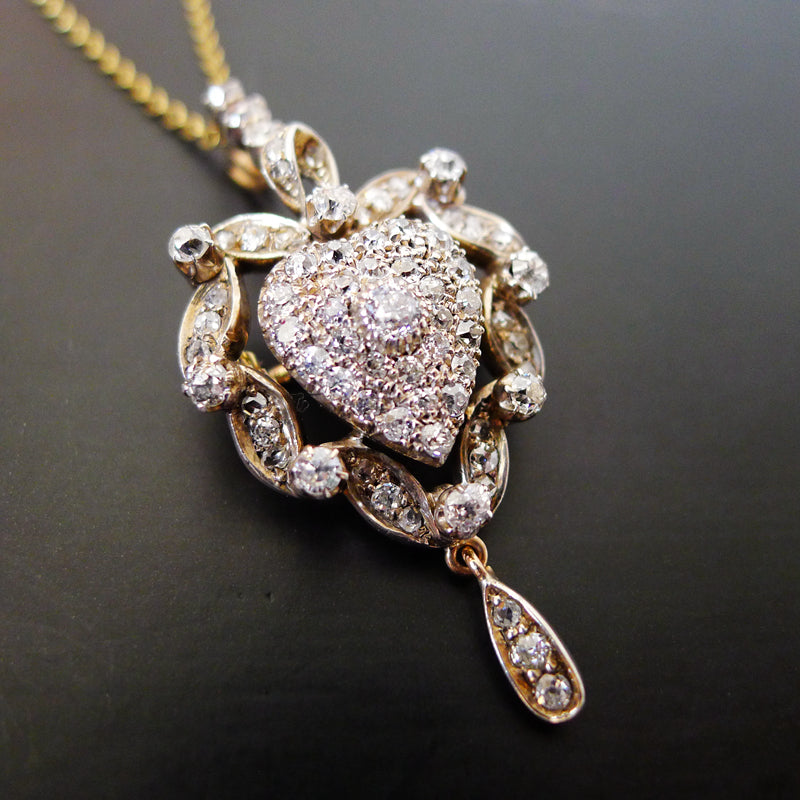 EDWARDIAN 18CT GOLD AND SILVER OLD CUT DIAMOND BRILLIANT PENDANT AND BROOCH