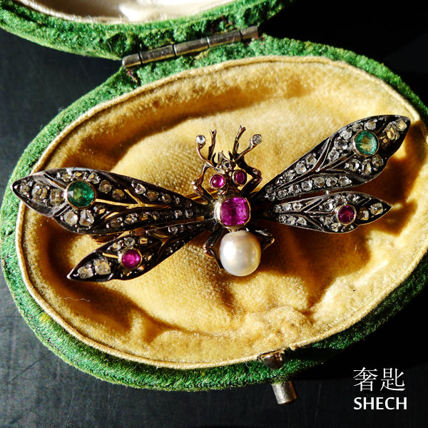 FRENCH 18CT GOLD VICTORIAN EMERALD RUBY DIAMOND PEARL BUTTERFLY BROOCH WITH CERTIFICATE