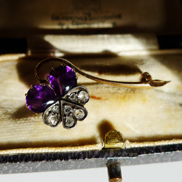 FRENCH 18CT GOLD MARKED NATURAL AMETHYST DIAMOND PANSY BROOCH
