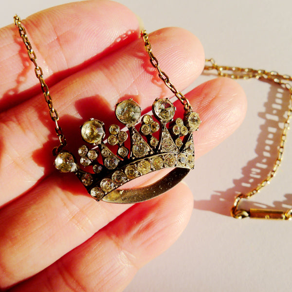 EDWARDIAN CROWN SILVER PASTE PENDANT WITH 9CT GOLD CHAIN