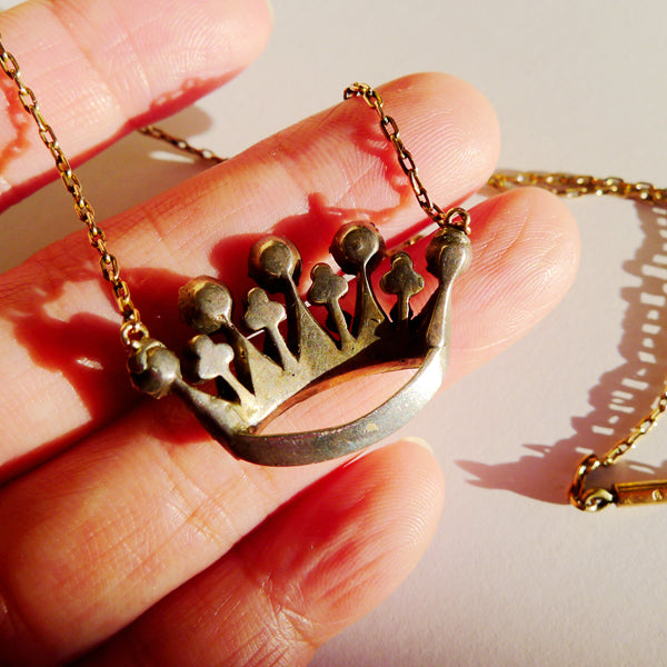EDWARDIAN CROWN SILVER PASTE PENDANT WITH 9CT GOLD CHAIN