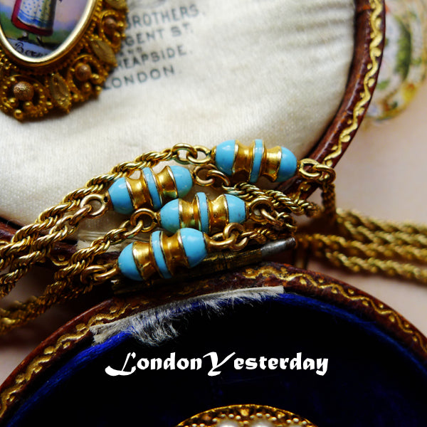 VICTORIAN 9CT GOLD WITH MARKED TURQUOISE ENAMEL GOLD DRESSED CLASSIC LONG GUARD CHAIN
