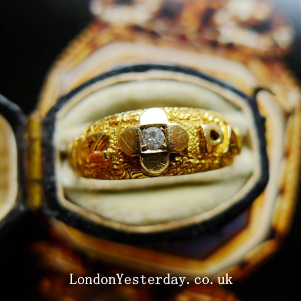 ENGLISH 15CT GOLD HALLMARKED DIAMOND BIRMINGHAM C1898 MIZPAH RING