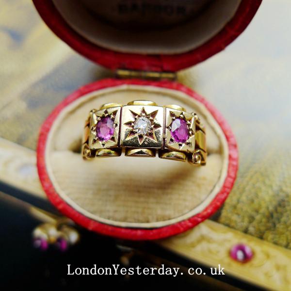 ENGLISH 18CT GOLD HALLMARKED CHESTER C1907 NATURAL RUBY DIAMOND RING